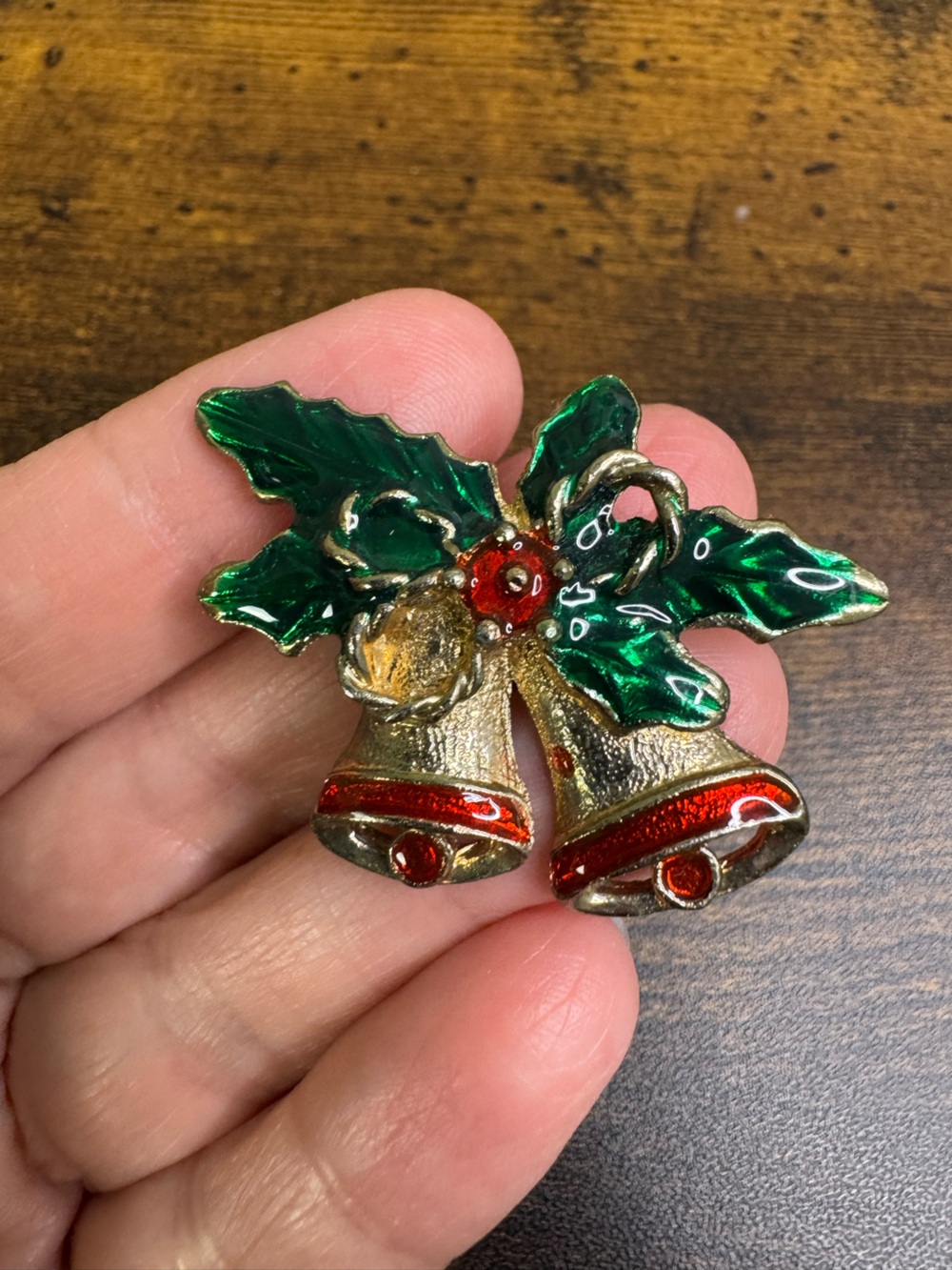 💚4/$20 Gold and Green Holiday Bell Brooch with Red Accents - Unbranded